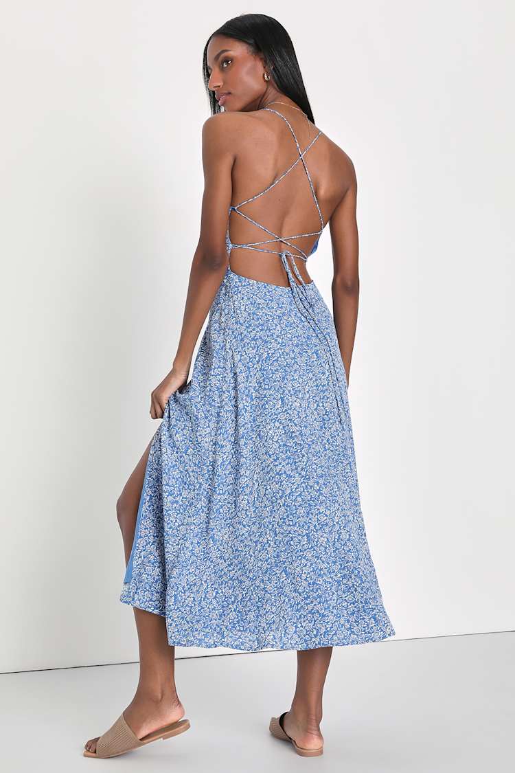 Charming Dedication Blue Floral Sleeveless Lace-Up Midi Dress