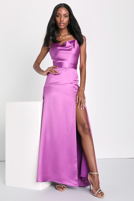 Lulus Wonderful Allure Purple Satin Backless Cowl Neck Maxi Dress