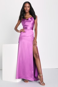 Wonderful Allure Purple Satin Backless Cowl Neck Maxi Dress