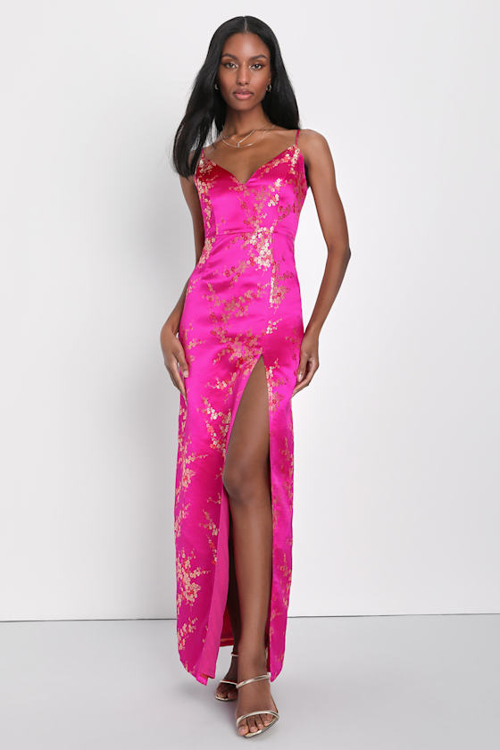 Hot Pink Satin Maxi Dress - Floral Jacquard Dress - Brocade Dress
