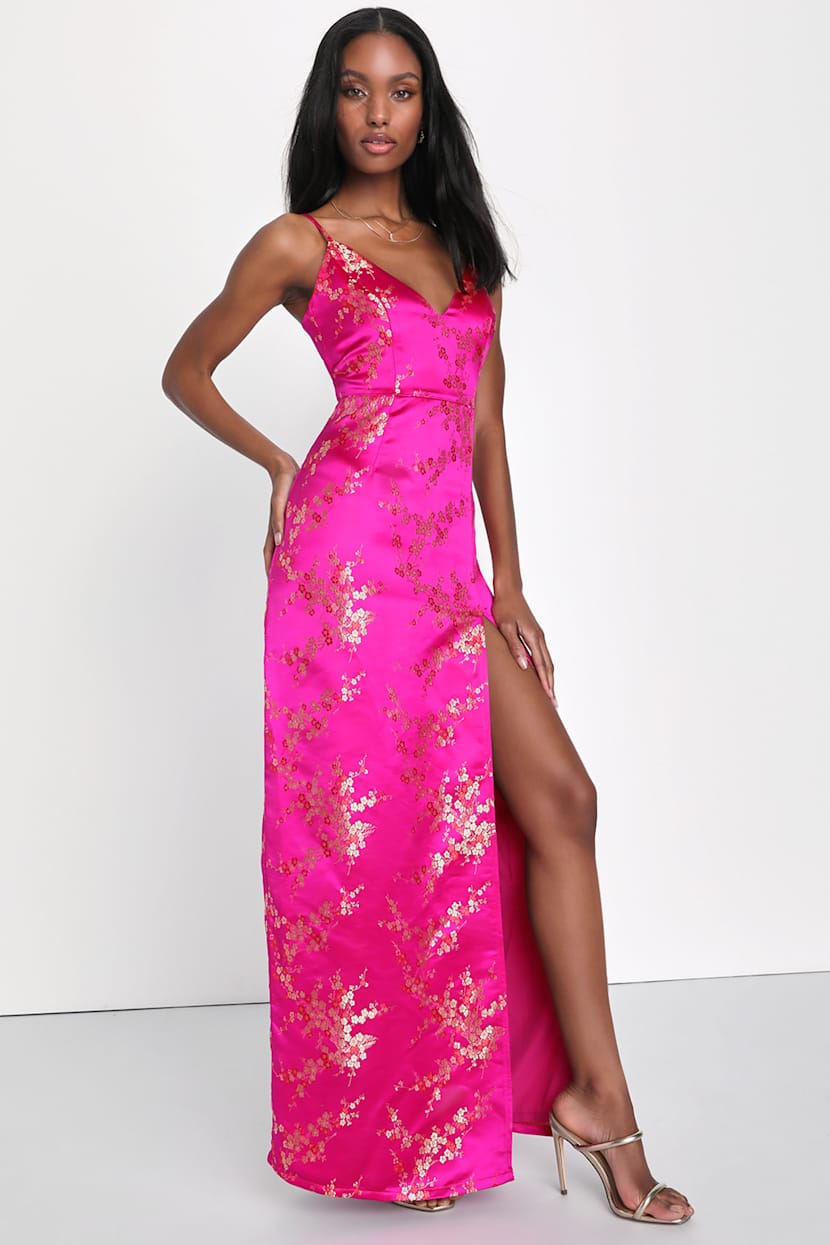 pink oriental jacquard bodycon dress Hot Satin Maxi - Floral Dress - Brocade Dress With its elegant drop black vintage dresses Brock Collection Blue Floral Color:Rose Gold/Blush