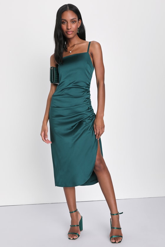 Green Satin Midi Dress - Ruched Midi Dress - Sleeveless Dress - Lulus
