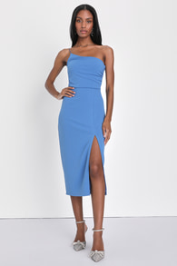 Elegant Allure Slate Blue One-Shoulder Sleeveless Midi Dress