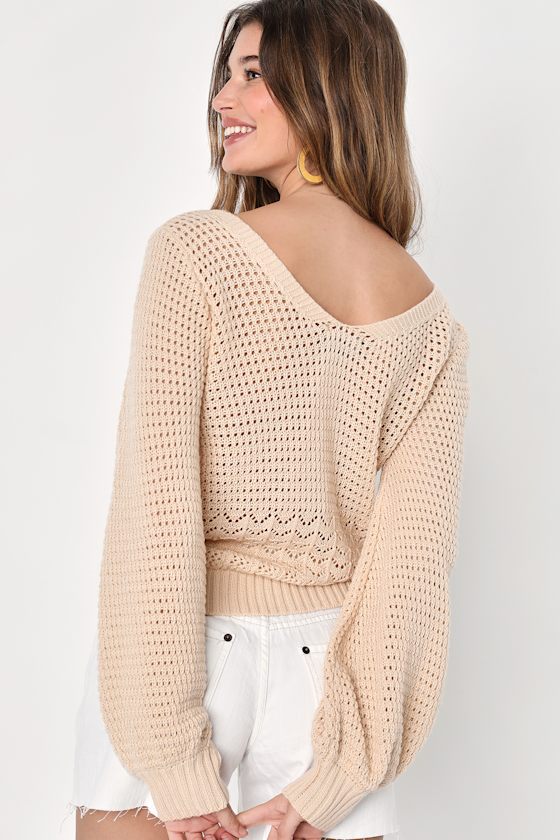 Beige Pointelle Knit Flutter Sleeve Sweater main image 0