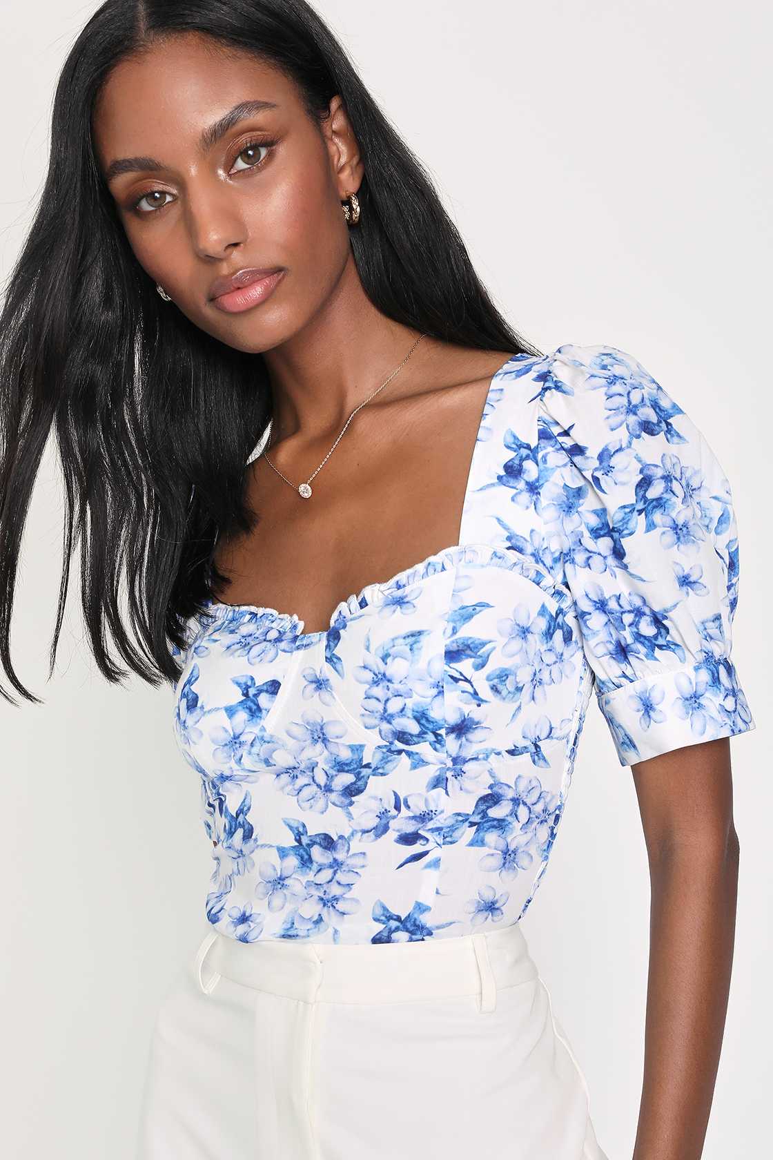 Women's White Floral Printed Blouson Crop Top