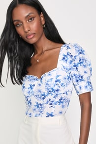 Always Amorous White Floral Print Bustier Puff Sleeve Crop Top