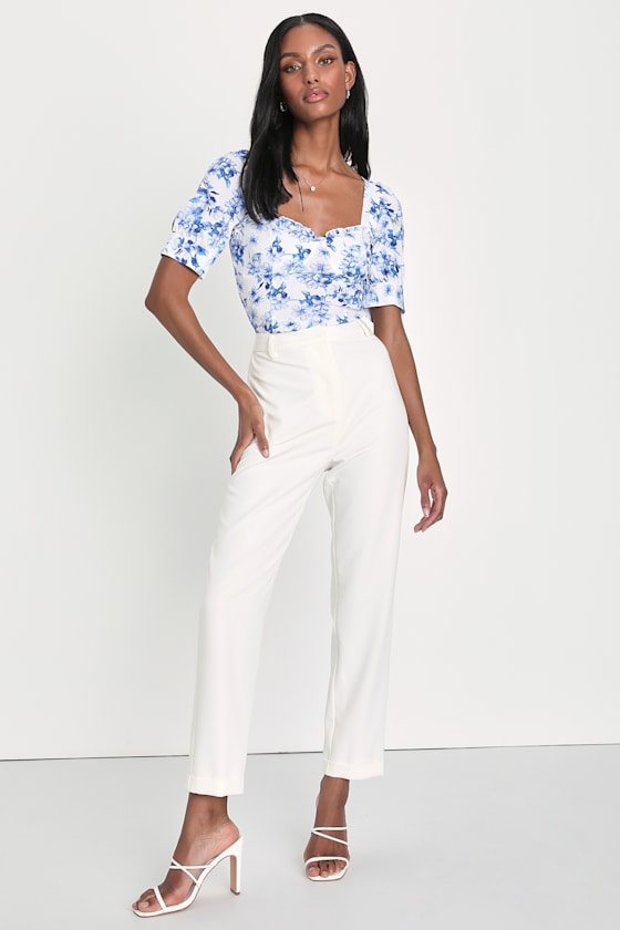 ◆typeservice◆ Lucky Puff Sleeve Top White OSTT32WHF White Floral Print Top - Puff Sleeve Crop Top - Floral Crop