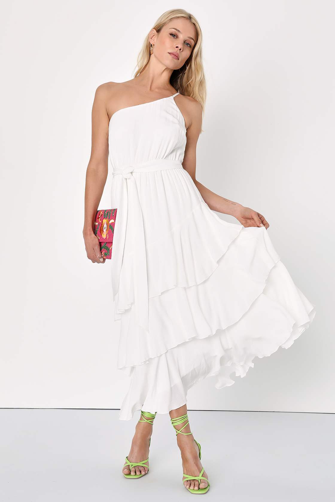 White Midi Dress OneShoulder Dress Tiered Midi Dress Lulus