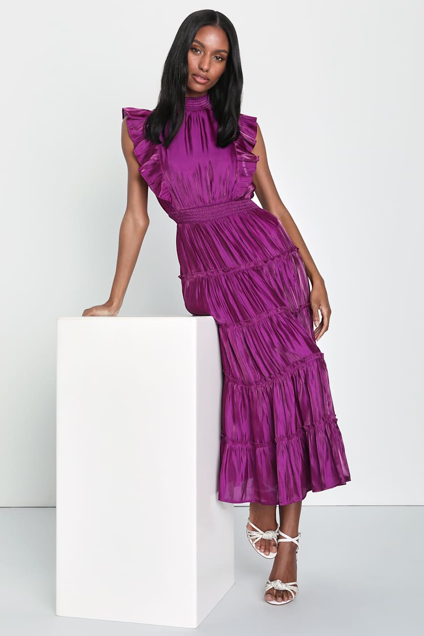 Purple Midi Dress - Tiered Midi Dress - Mock Neck Dress - Lulus
