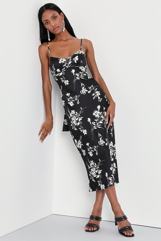 Black Floral Midi Dress - Satin Midi Dress - Black Tie-Back Dress - Lulus