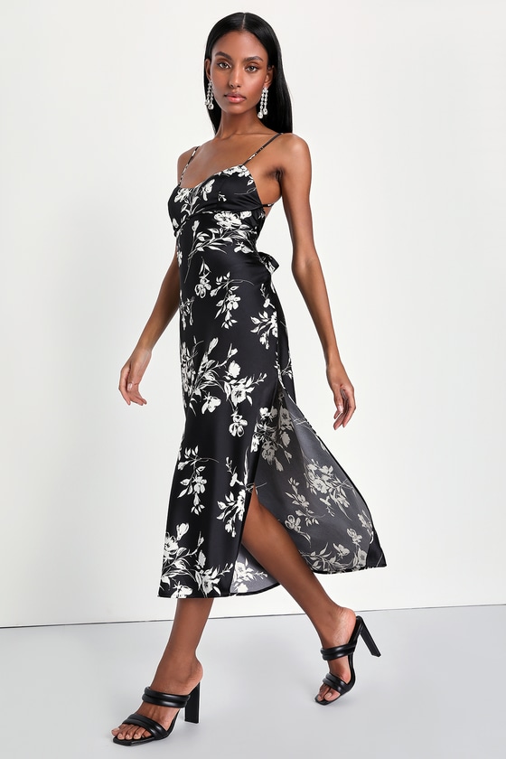 Black Floral Midi Dress - Satin Midi Dress - Black Tie-Back Dress - Lulus