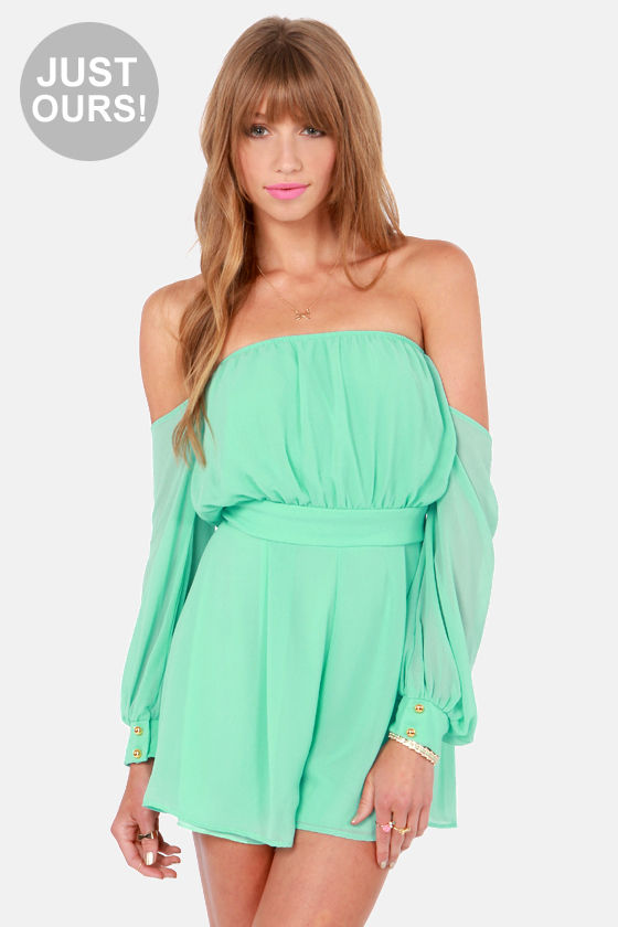 Cute Mint Green Romper OfftheShoulder Romper 49.00 Lulus