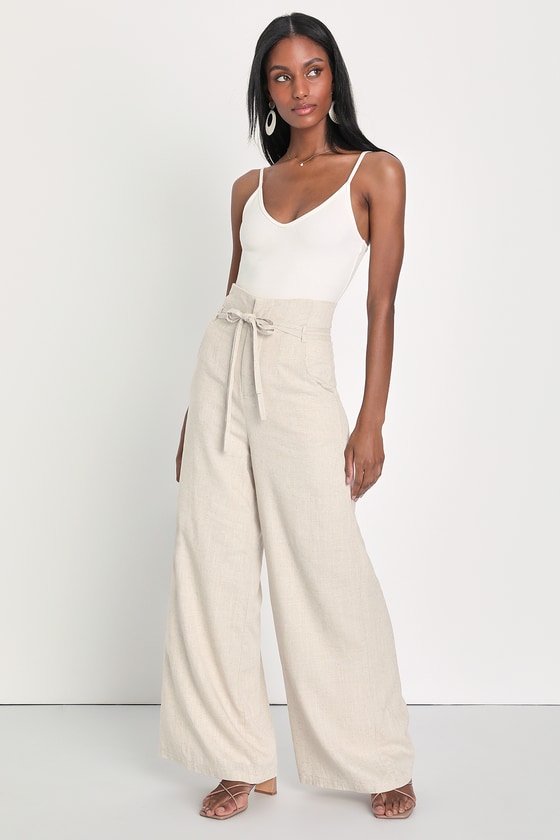 Beige Pants - Wide-Leg Trouser Pants - Linen Belted Pants - Lulus