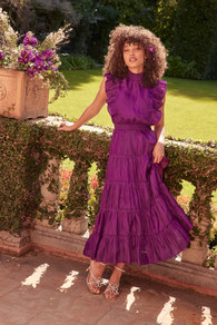 Take a Glance Purple Tiered Mock Neck Midi Dress