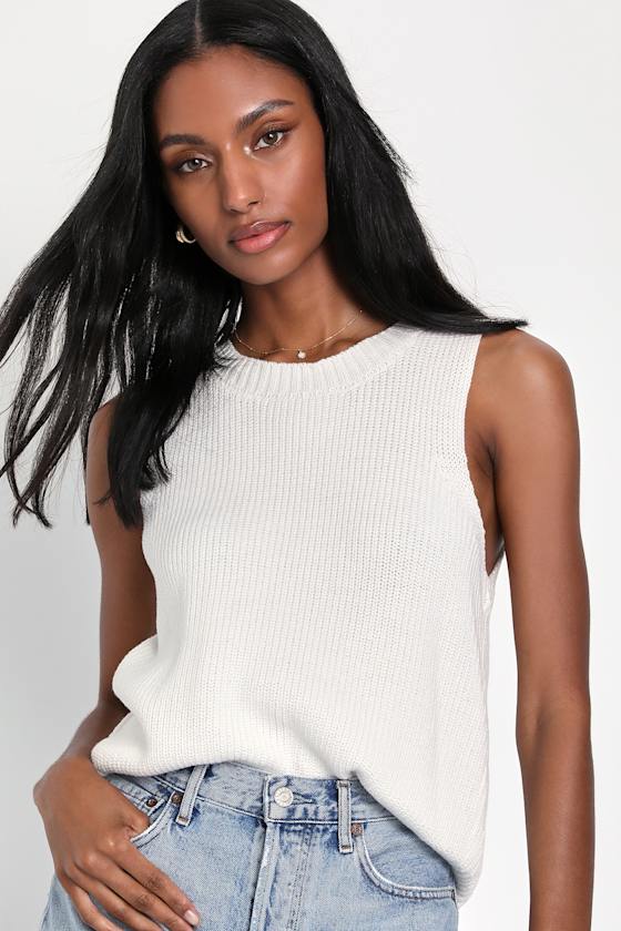 Effortless Flair White Lace-Up Sweater Knit Tank Top 1