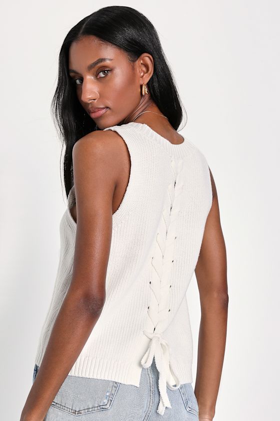 Effortless Flair White Lace-Up Sweater Knit Tank Top 4