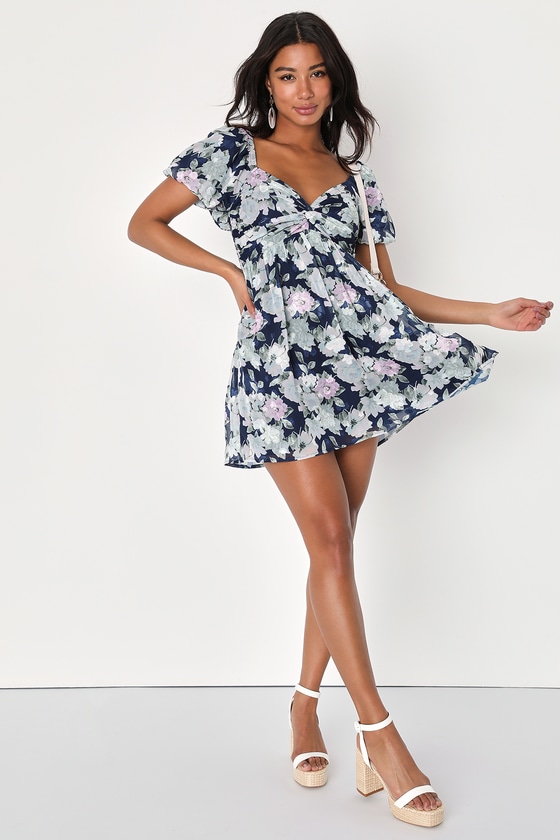 Navy Blue Mini Dress - Floral Print Dress - Puff Sleeve Dress - Lulus