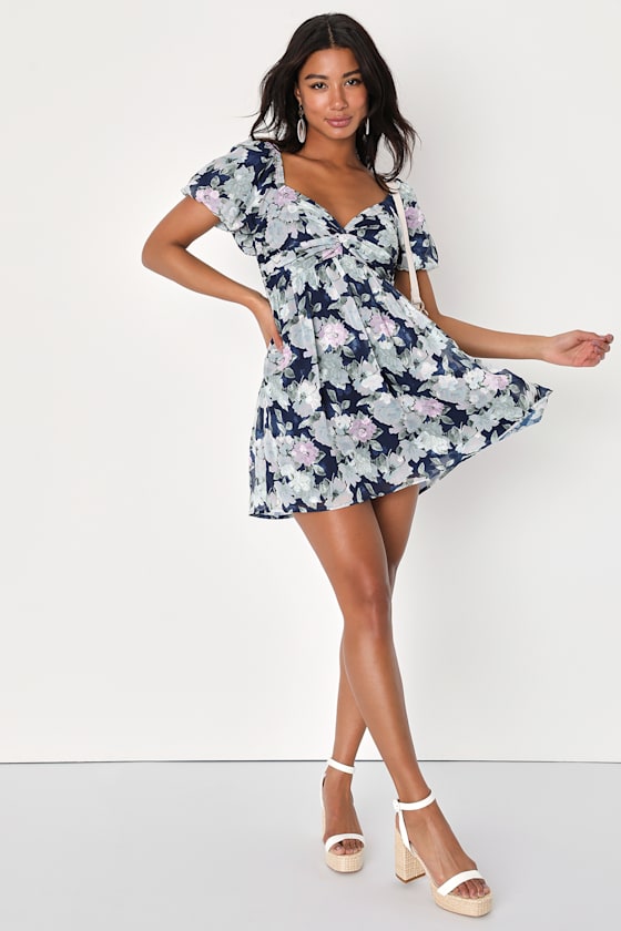 Fresh Florals Navy Blue Floral Print Puff Sleeve Mini Dress 2