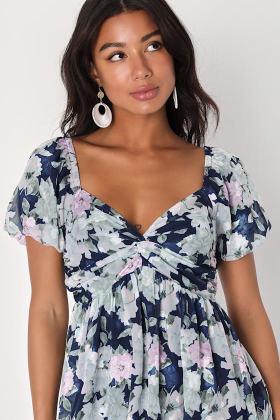 Fresh Florals Navy Blue Floral Print Puff Sleeve Mini Dress 3