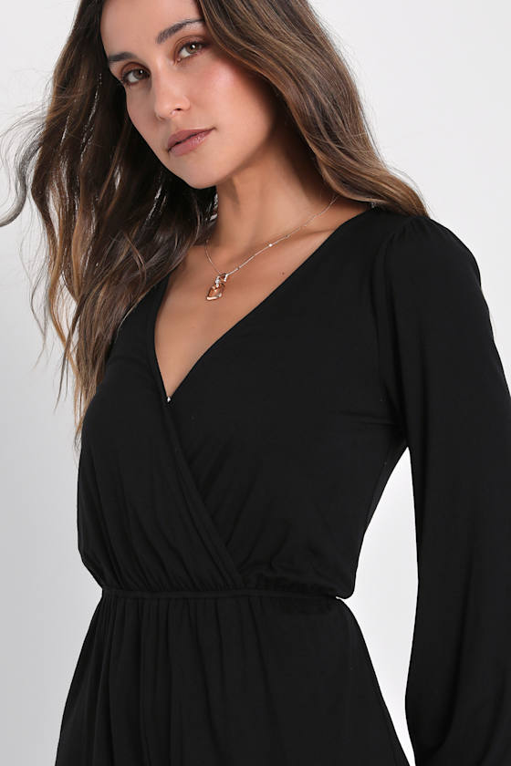 Black Romper - Jersey Knit Romper - Black Surplice Romper - Lulus