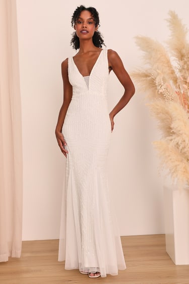 Dreaming of Eternity White Beaded Mermaid Maxi Dress - Bridal