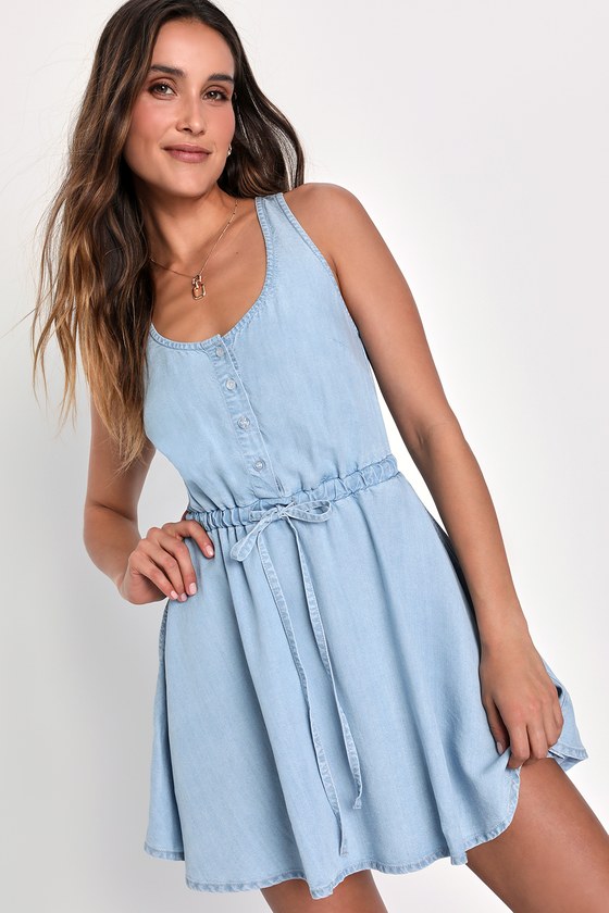 Light Blue Chambray Dress - Drawstring Mini Dress - Mini Dress - Lulus