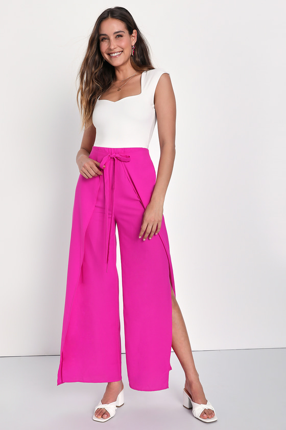 Lulus Bright And Breezy Magenta Tie-front Culotte Side Slit Pants