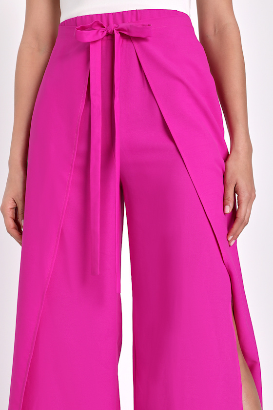 Magenta Pants - Tie-Front Pants - Culotte Pants - Side Slit