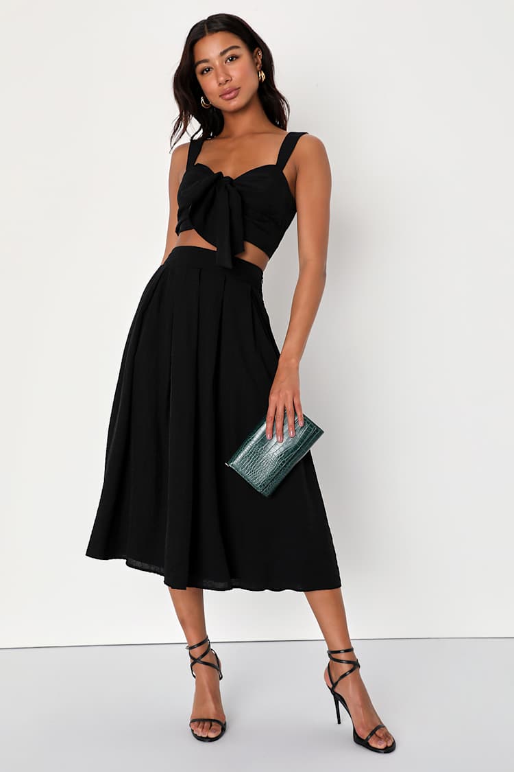 Black Two-Piece Dress - Tie-Front Midi Dress - Crop Top Skirt Set - Lulus