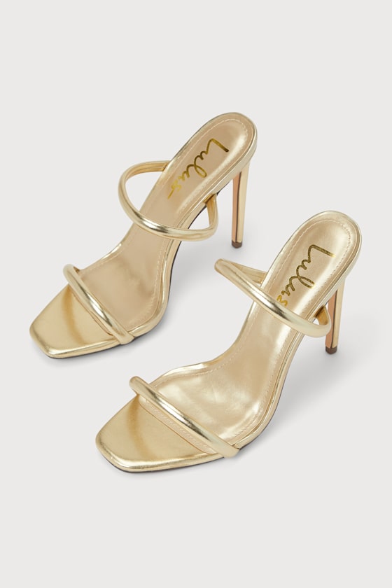 Theyaa Gold Metallic Square-Toe High Heel Sandals 5