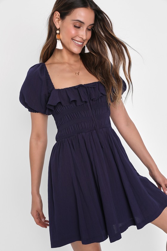 Navy Blue Skater Dress - Puff Sleeve Mini Dress - Smocked Dress - Lulus