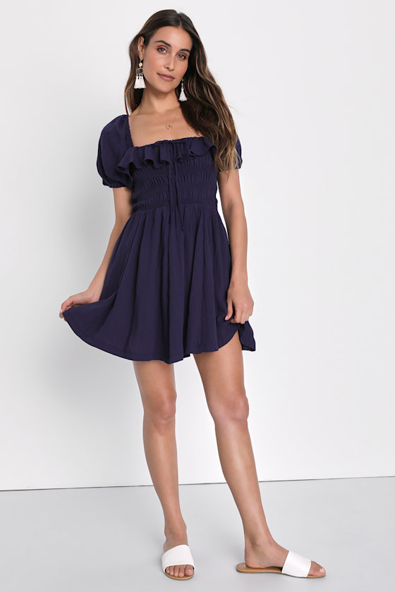 Navy Blue Skater Dress - Puff Sleeve Mini Dress - Smocked Dress - Lulus
