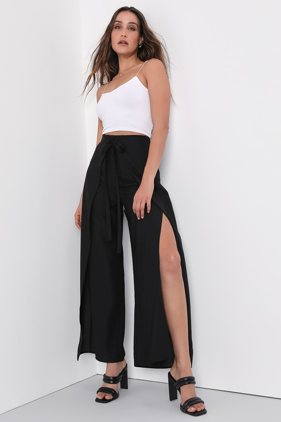 Lulus Bright And Breezy Black Tie-front Culotte Side Slit Pants