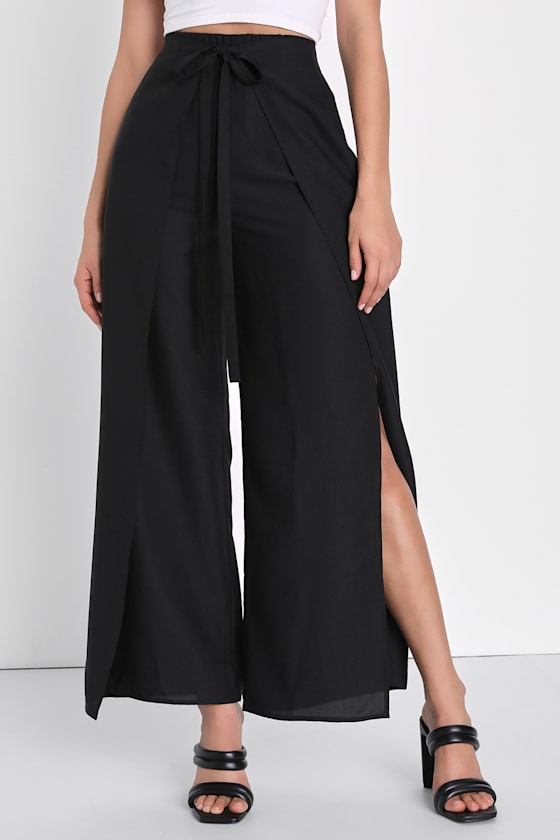 Bright and Breezy Black Tie-Front Culotte Side Slit Pants 2