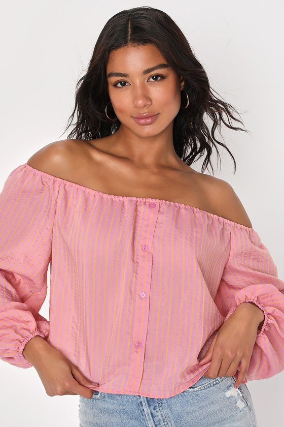 Lulus Signs Of Sunshine Pink And Orange Off-the-shoulder Top