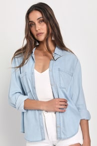 Daily Vibe Light Blue Chambray Long Sleeve Button-Up Top
