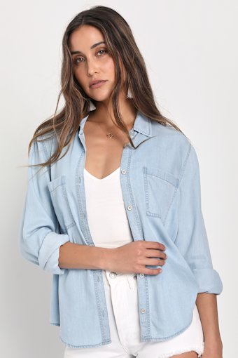 Daily Vibe Light Blue Chambray Long Sleeve Button-Up Top 1