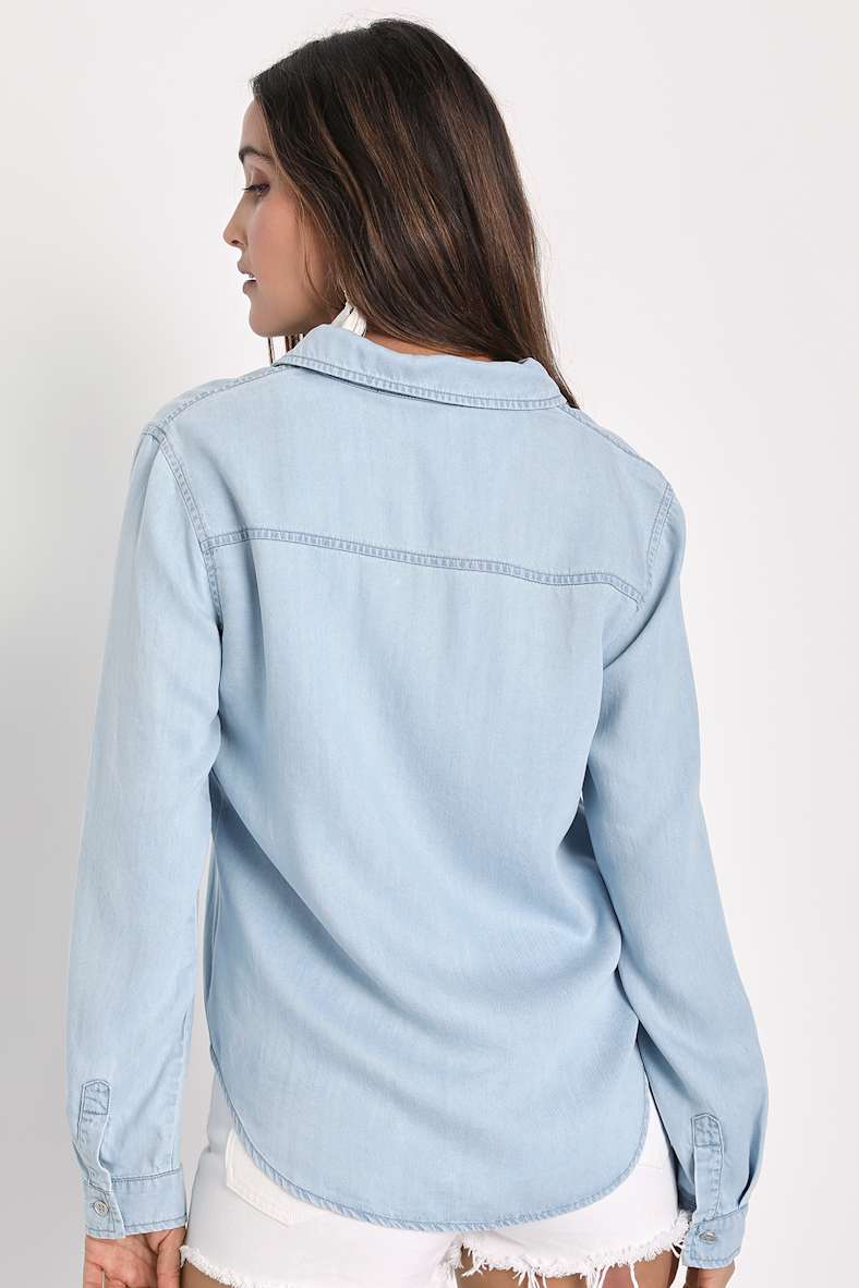 Daily Vibe Light Blue Chambray Long Sleeve Button-Up Top