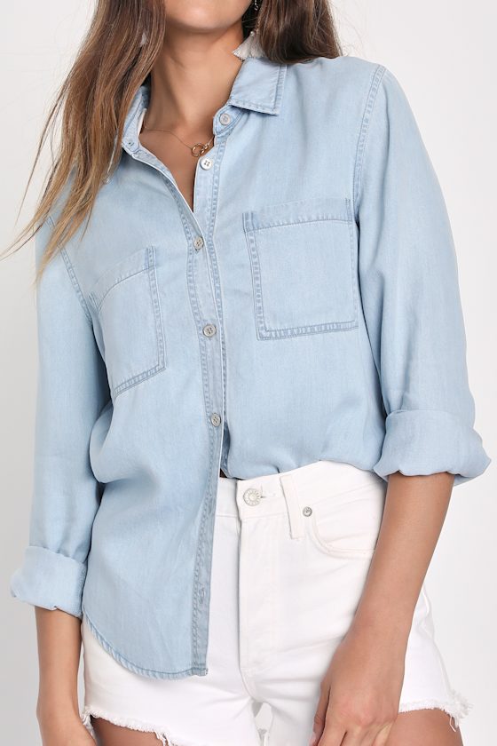 Daily Vibe Light Blue Chambray Long Sleeve Button-Up Top - thumbnail 4