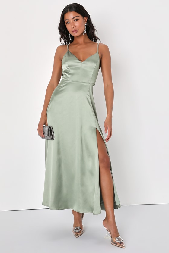 Green Bridesmaid Dress - Satin Midi Dress - Tie-Back Midi Dress - Lulus