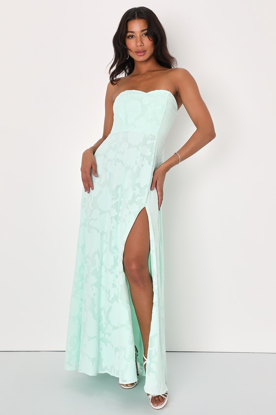 Garden of Romance Mint Green Floral Burnout Strapless Maxi Dress