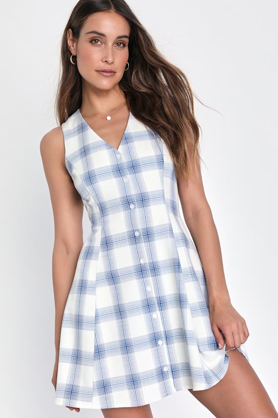 Ivory & Blue Mini Dress Plaid ButtonFront Dress Mini Dress Lulus