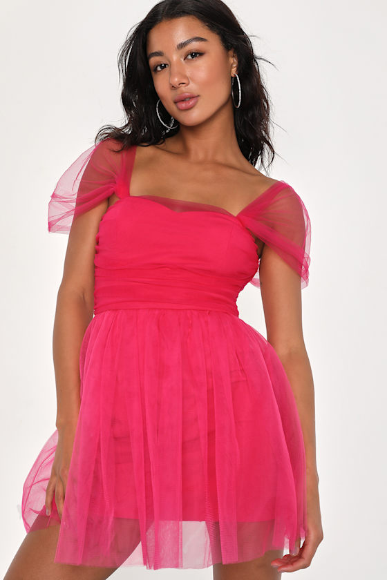 Effortlessly Remarkable Pink Tulle Off-the-Shoulder Mini Dress 1