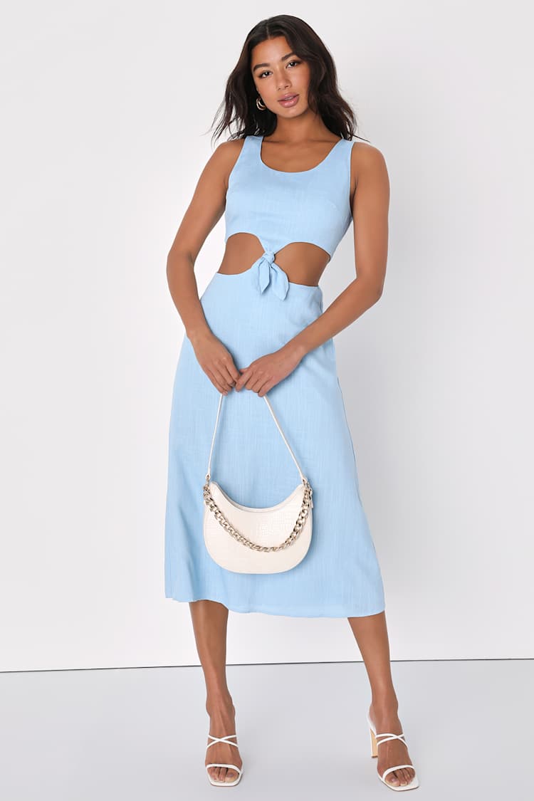 princess polly baby blue dress Light Blue Midi Dress - Linen Cutout Dress - Cutout Knot Dress