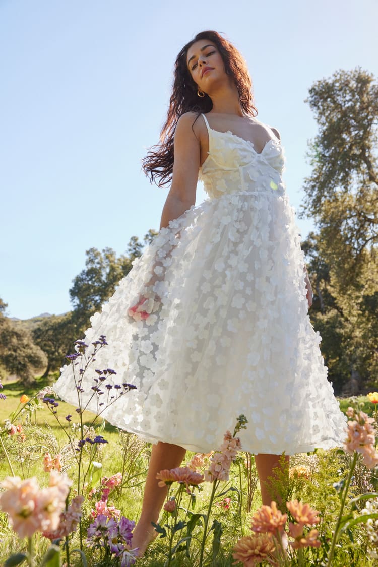 White Floral Dress - 3-D Floral Midi Dress - White Bustier Dress - Lulus