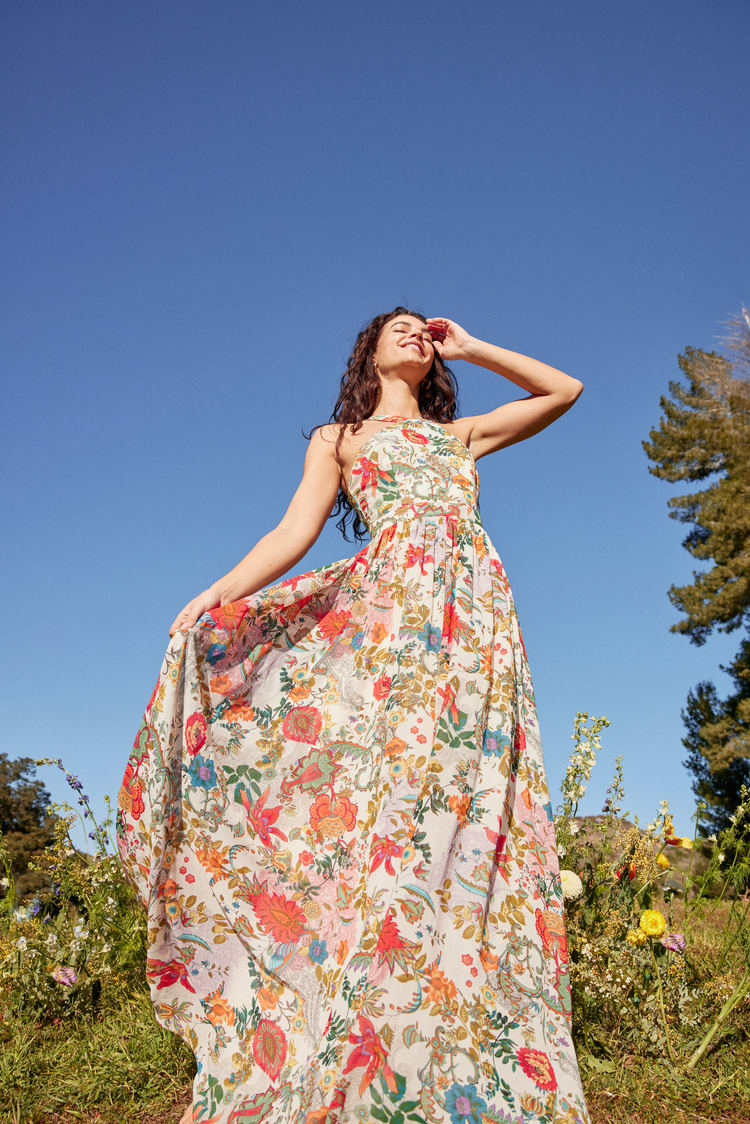 Lovely Cream - Floral Print Dress Maxi Dress -