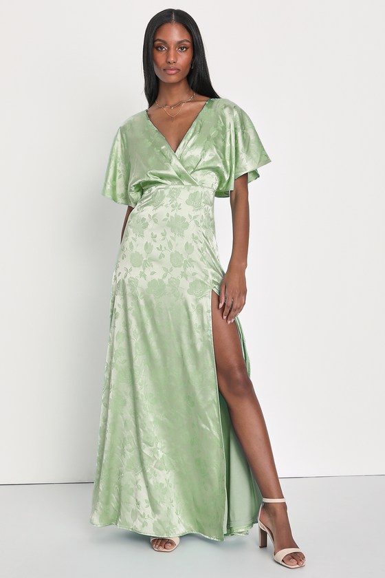 Green Floral Jacquard Dress - Satin Maxi Dress - Green Maxi Dress - Lulus