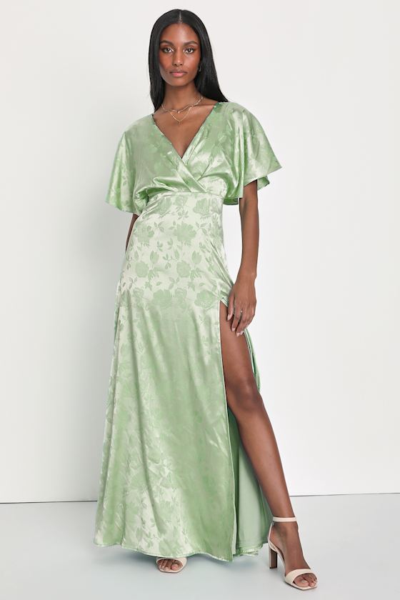 Lovely Admiration Sage Green Satin Floral Jacquard Maxi Dress 5