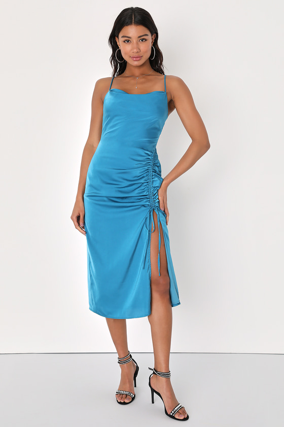 Lulus Pour The Prosecco Turquoise Blue Satin Cowl Neck Slip Midi Dress