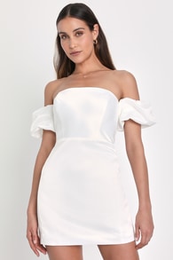 Significant Sensation White Satin Off-the-Shoulder Mini Dress